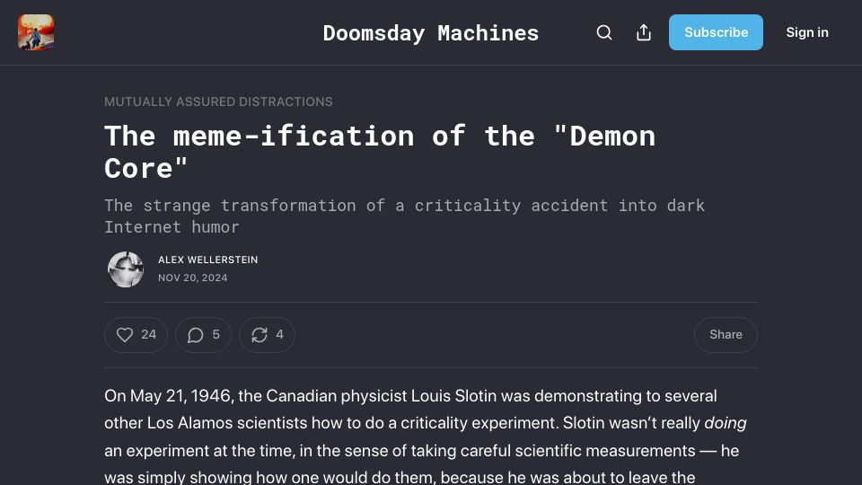 Screenshot of doomsdaymachines.net: The meme-ification of the “Demon Core”