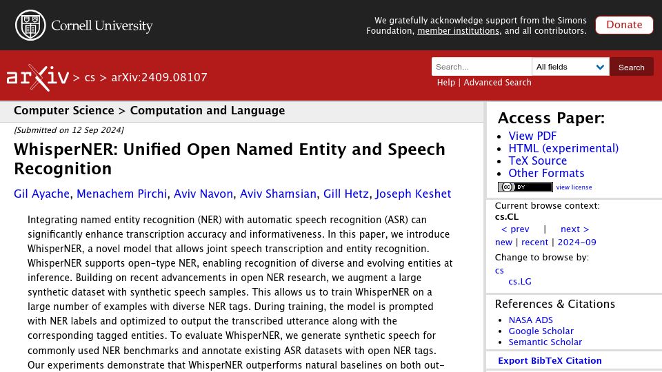Screenshot of arxiv.org: WhisperNER: Unified Open Named Entity and Speech Recognition