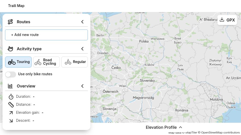 Screenshot of trailimap.com: Show HN: Bike route planner that follows almost only official bike trails