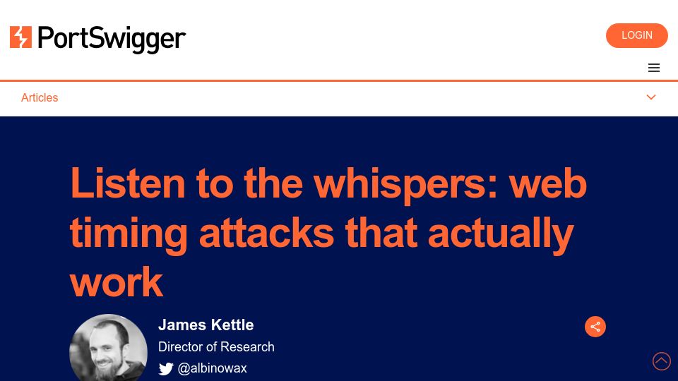 Screenshot of portswigger.net: Listen to the whispers: web timing attacks that work