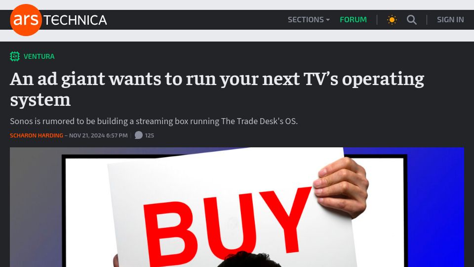 Screenshot of arstechnica.com: An ad giant wants to control your next TV's OS