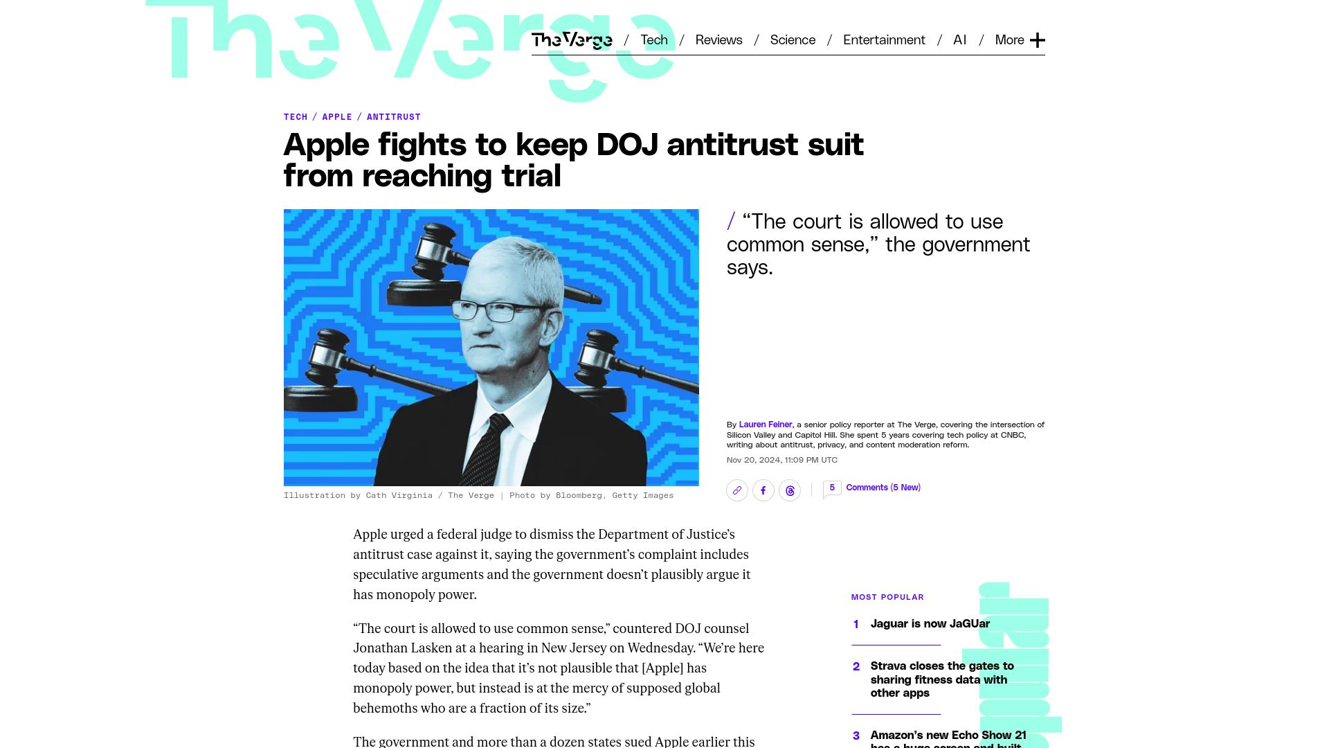 Screenshot of theverge.com: Apple fights to keep DOJ antitrust suit from reaching trial