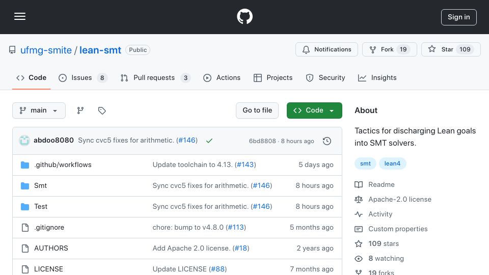 Screenshot of github.com: Discharging Lean goals into SMT solvers