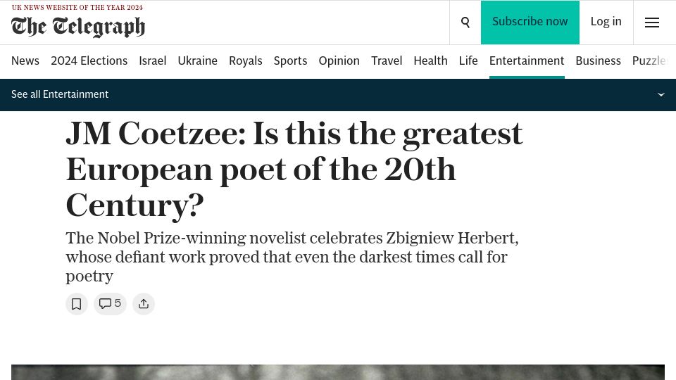 Screenshot of telegraph.co.uk: JM Coetzee on Zbigniew Herbert