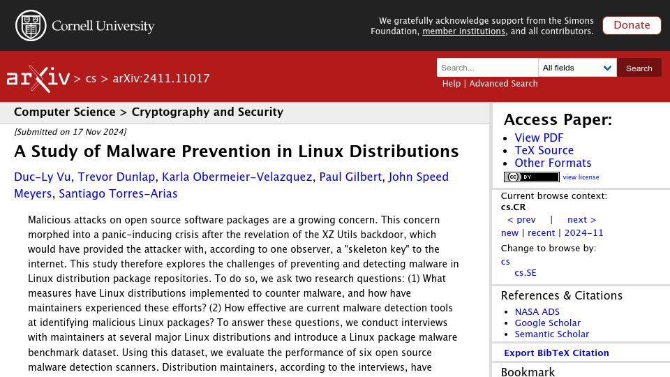 Screenshot of arxiv.org: A Study of Malware Prevention in Linux Distributions