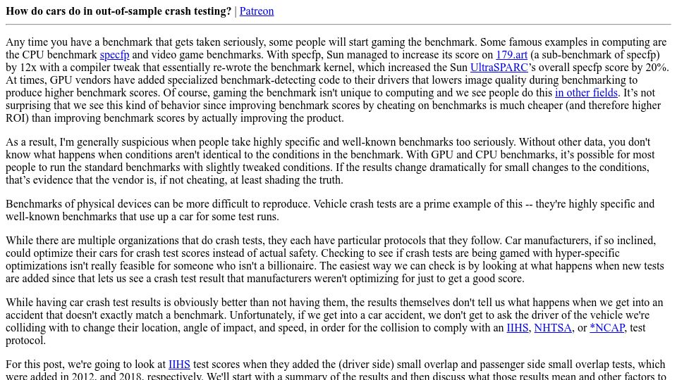 Screenshot of danluu.com: How do cars do in out-of-sample crash testing?