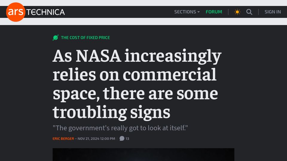 Screenshot of arstechnica.com: As NASA increasingly relies on commercial space, there are some troubling signs