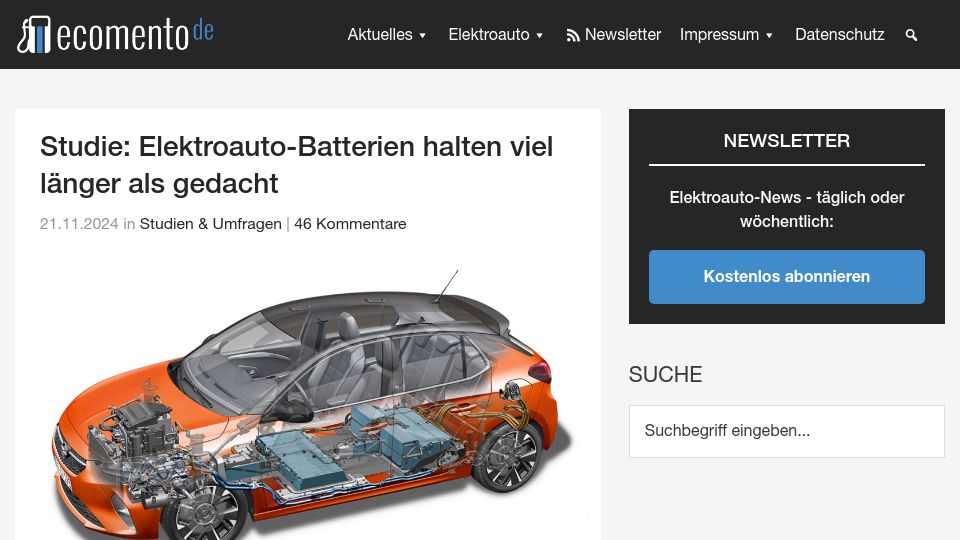 Screenshot of ecomento.de: Electric car batteries last longer than expected (study) – ecomento.de
