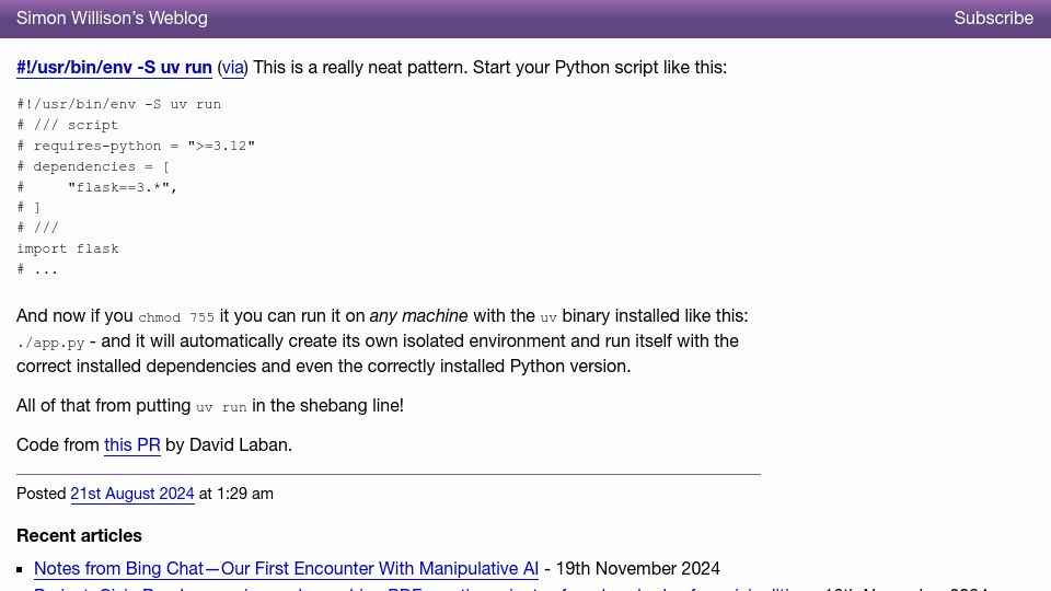 Screenshot of simonwillison.net: /usr/bin/env -S uv run