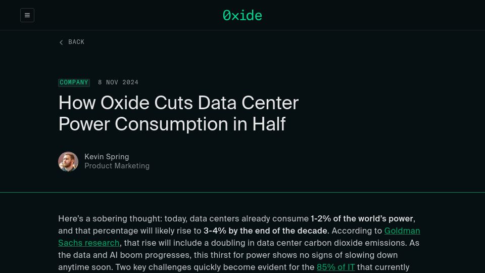 Screenshot of oxide.computer: Oxide Cuts Data Center Power Consumption in Half
