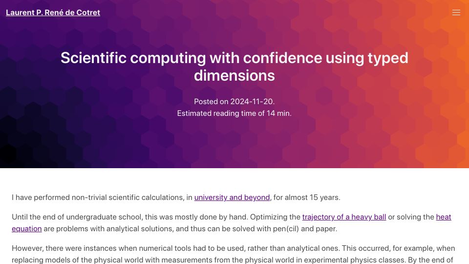 Screenshot of laurentrdc.xyz: Scientific computing with confidence using typed dimensions