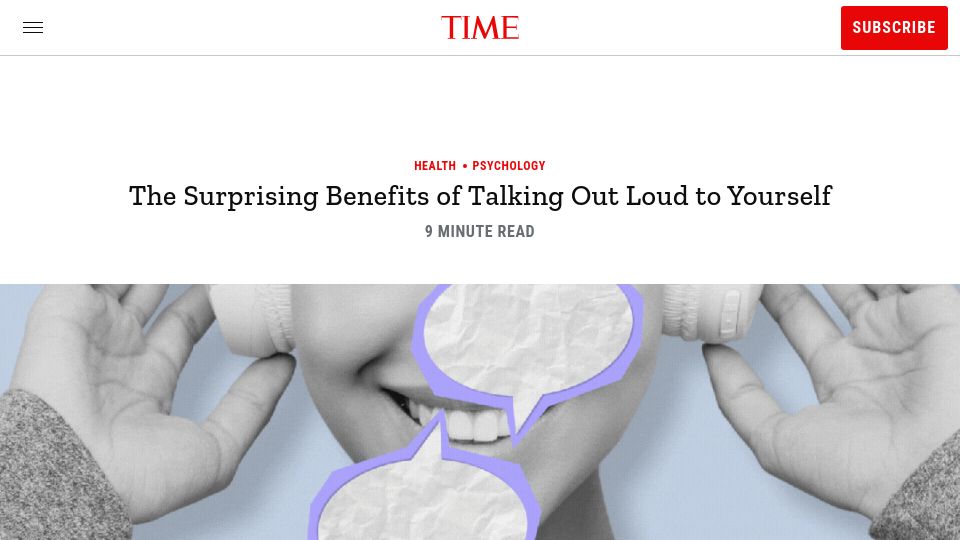 Screenshot of time.com: The Surprising Benefits of Talking Out Loud to Yourself