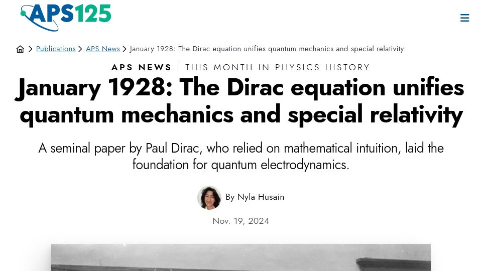 Screenshot of aps.org: January 1928: Dirac equation unifies quantum mechanics and special relativity