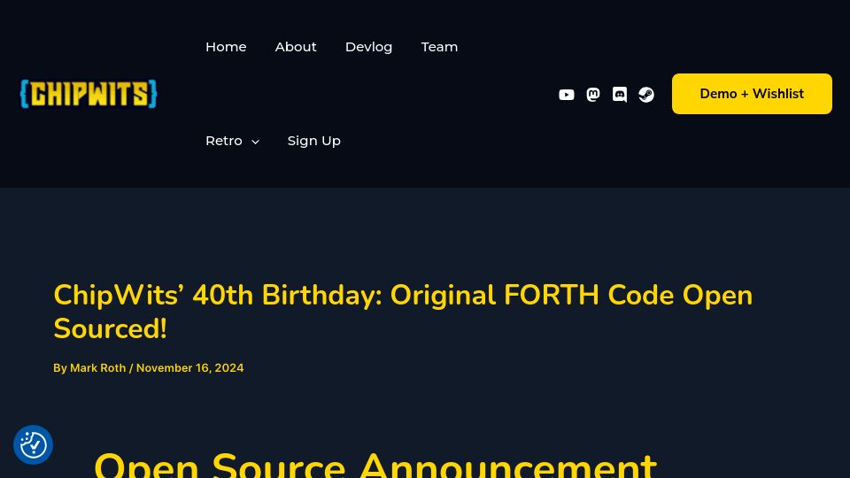 Screenshot of chipwits.com: The FORTH code for Chipwits is released in the game's 40th anniversary