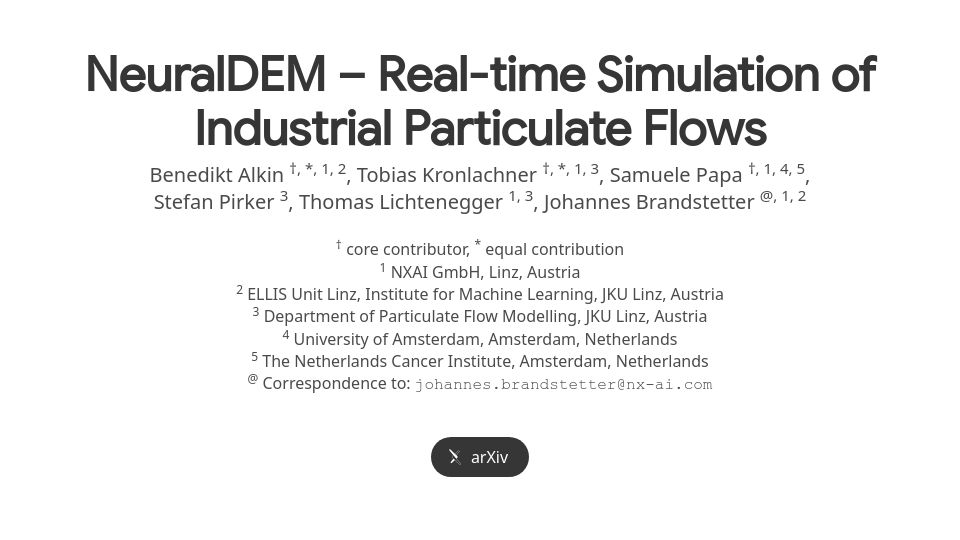 Screenshot of nx-ai.github.io: NeuralDEM – Real-Time Simulation of Industrial Particulate Flows