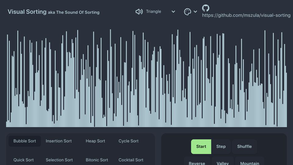 Screenshot of mszula.github.io: Interactive Visual Sorting