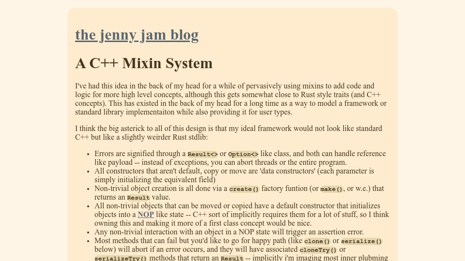 Screenshot of jennyjams.net: A C++ Mixin System