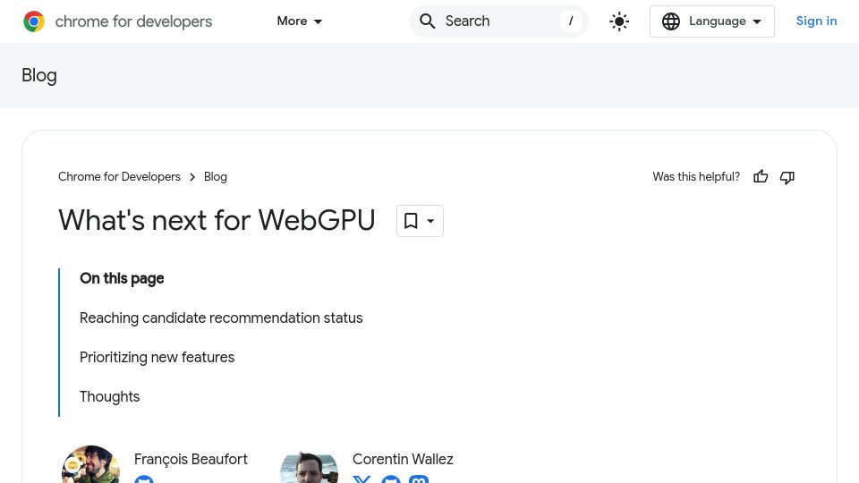 Screenshot of developer.chrome.com: What's Next for WebGPU