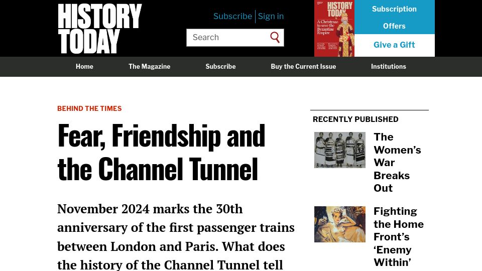 Screenshot of historytoday.com: Fear, Friendship and the Channel Tunnel