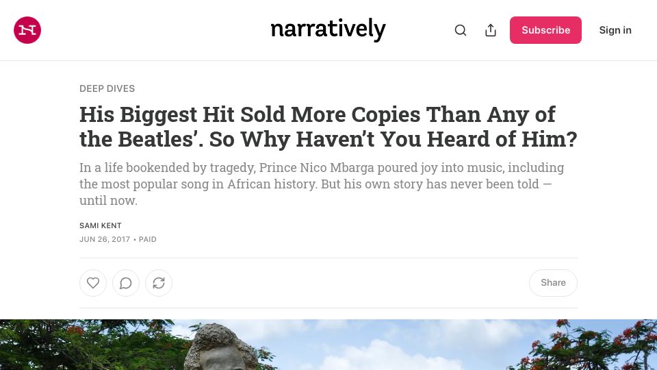 Screenshot of narratively.com: Prince Nico Mbarga’s biggest hit outsold any of The Beatles’ (2017)