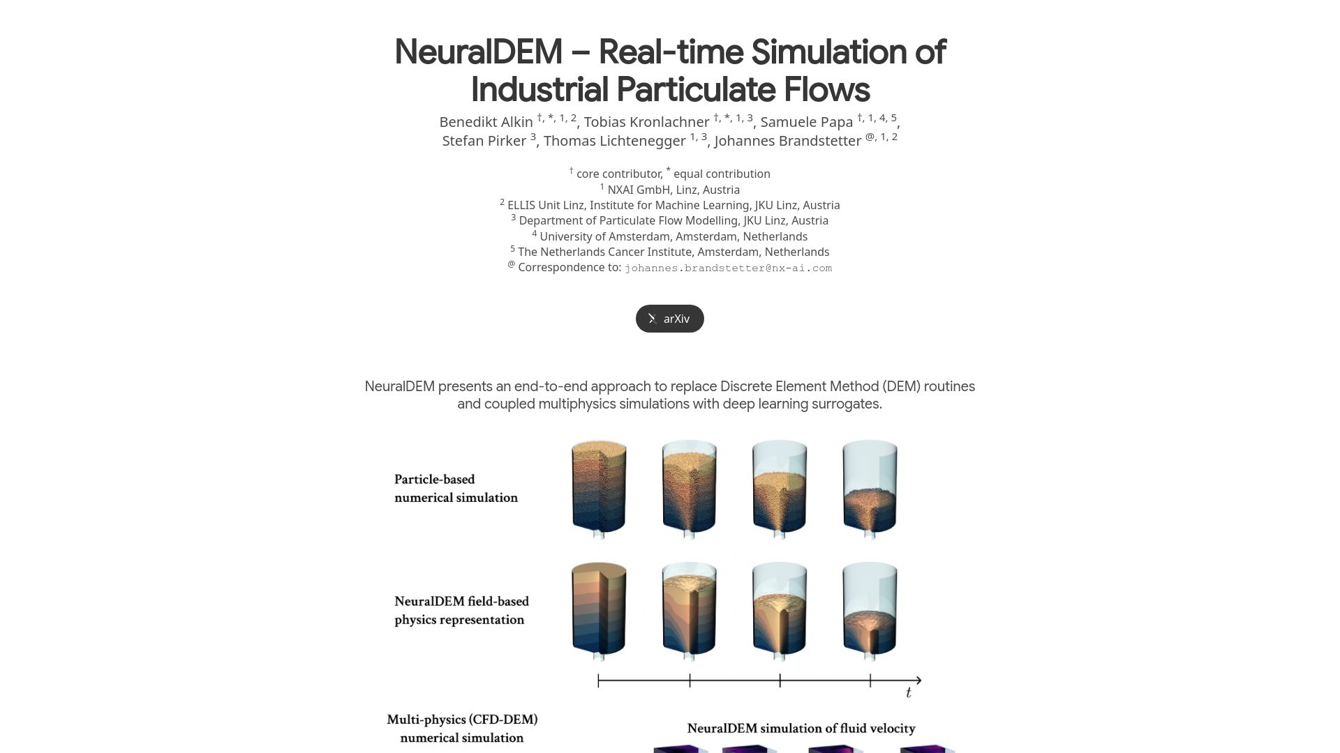 Screenshot of nx-ai.github.io: NeuralDEM – Real-Time Simulation of Industrial Particulate Flows