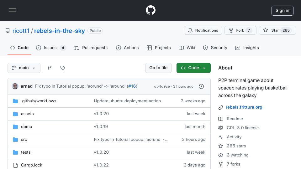Screenshot of github.com: Show HN: Rebels in the sky – Terminal game about space pirates