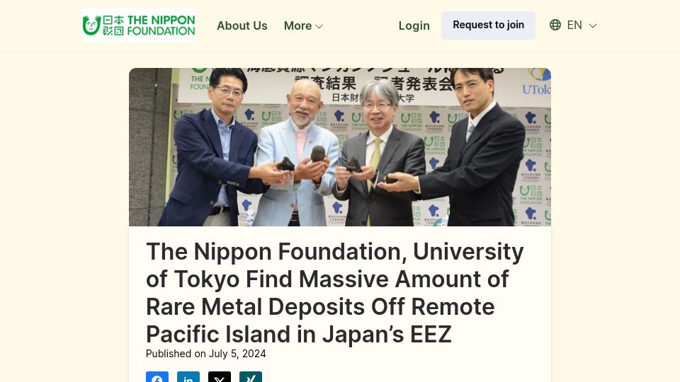 Screenshot of tnfsa.nippon-foundation.or.jp: Massive Amount of Rare Metal Deposits Found Off Remote Pacific Island in Japan