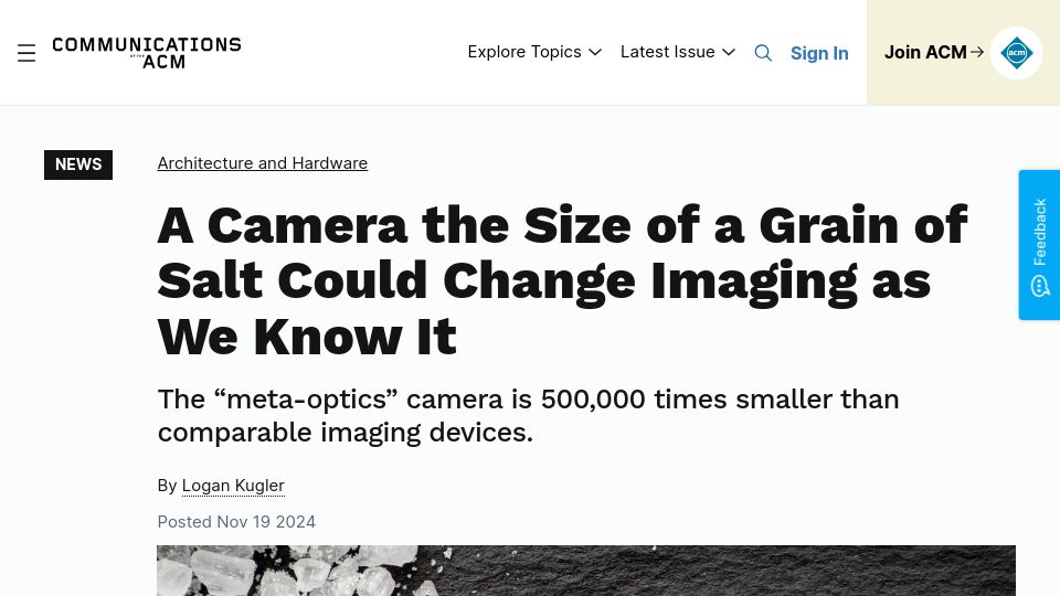 Screenshot of cacm.acm.org: A “meta-optics” camera that is the size of a grain of salt
