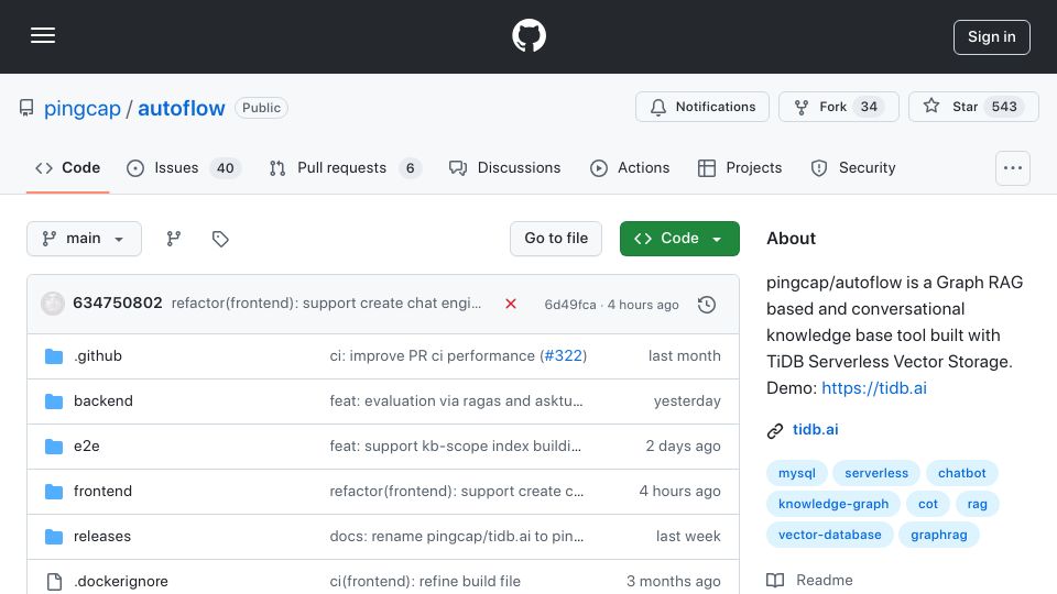 Screenshot of github.com: Autoflow, a Graph RAG based and conversational knowledge base tool
