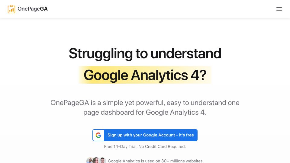 Screenshot of onepagega.com: Show HN: OnePageGA – Simple dashboard for GA4 like Plausible