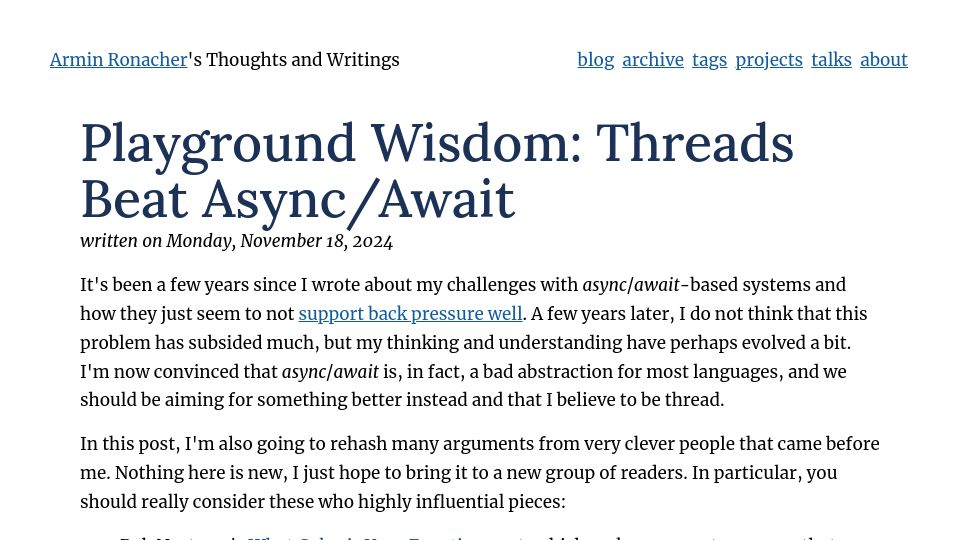 Screenshot of lucumr.pocoo.org: Playground Wisdom: Threads Beat Async/Await