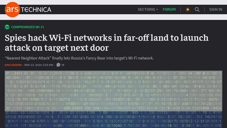 Screenshot of arstechnica.com: Spies hack Wi-Fi networks in far-off land to launch attack on target next door