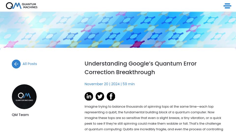 Screenshot of quantum-machines.co: Understanding Google's Quantum Error Correction Breakthrough