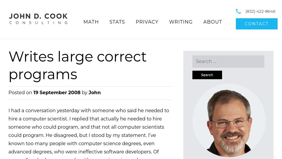 Screenshot of johndcook.com: Writes Large Correct Programs (2008)