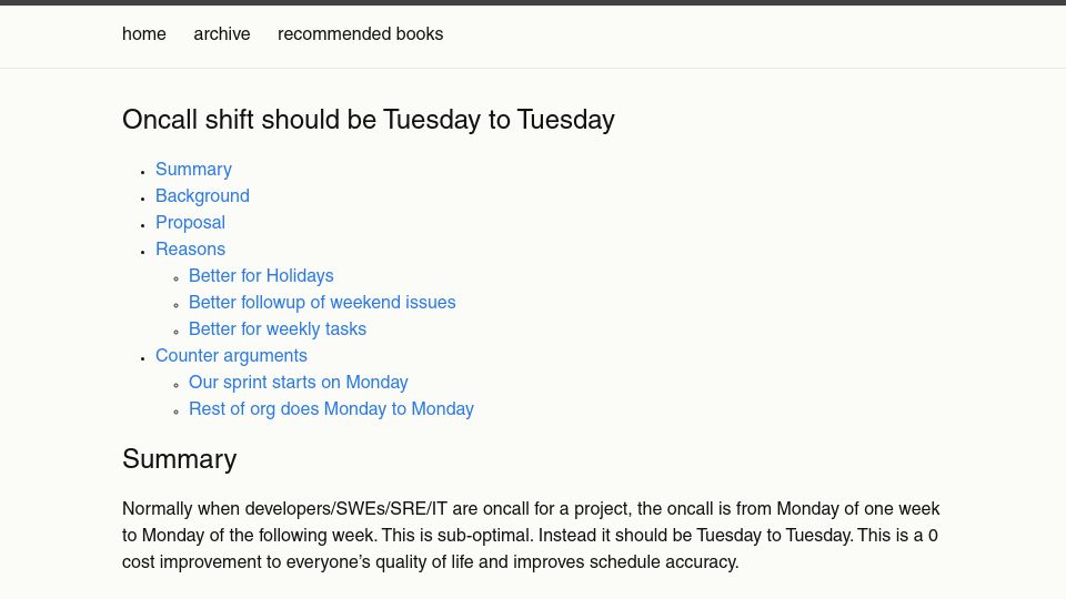 Screenshot of arthur-johnston.com: Oncall shift should be Tuesday to Tuesday