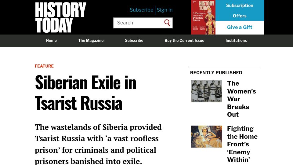 Screenshot of historytoday.com: Siberian Exile in Tsarist Russia