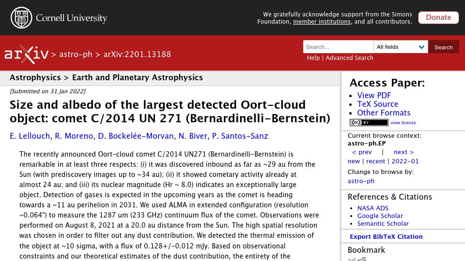 Screenshot of arxiv.org: Size and albedo of the largest detected Oort-cloud object