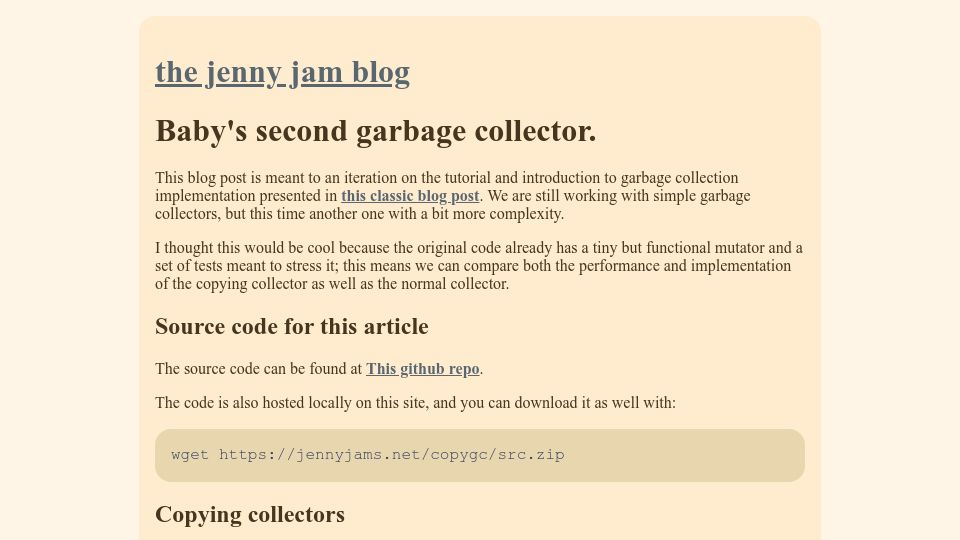 Screenshot of jennyjams.net: Baby’s Second Garbage Collector