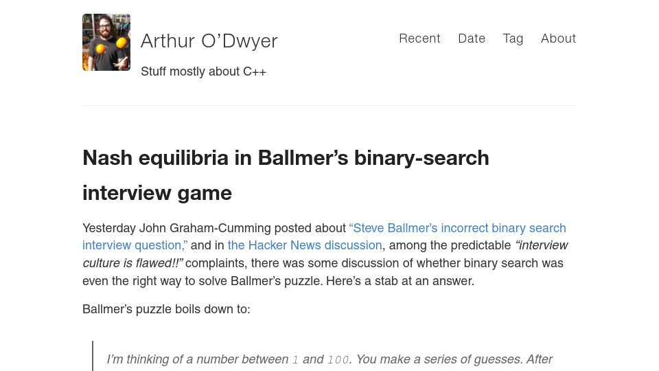 Screenshot of quuxplusone.github.io: Nash equilibria in Ballmer's binary-search interview game