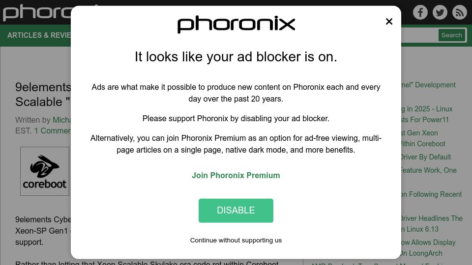 Screenshot of phoronix.com: 9elements Takes over Intel 1st Gen Xeon Scalable Skylake Support Within Coreboot
