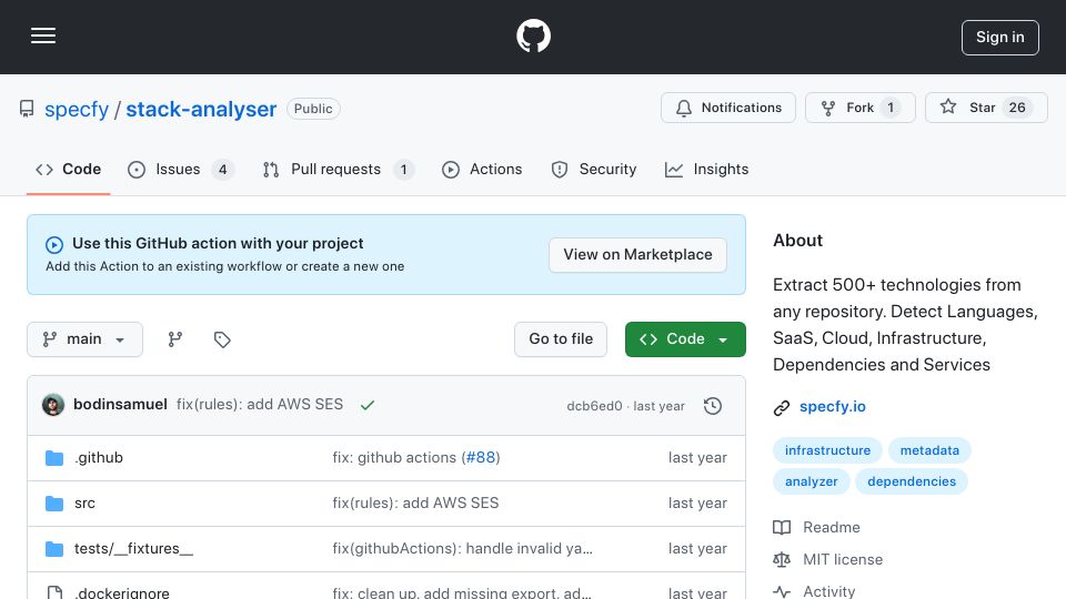 Screenshot of github.com: Stack Analyser: detect technologies used inside a repo