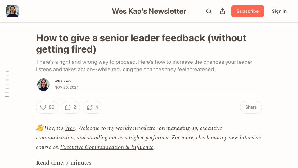 Screenshot of newsletter.weskao.com: How to give a senior leader feedback without getting fired