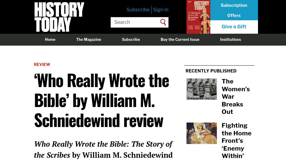 Screenshot of historytoday.com: Who Really Wrote the Bible: The Story of the Scribes
