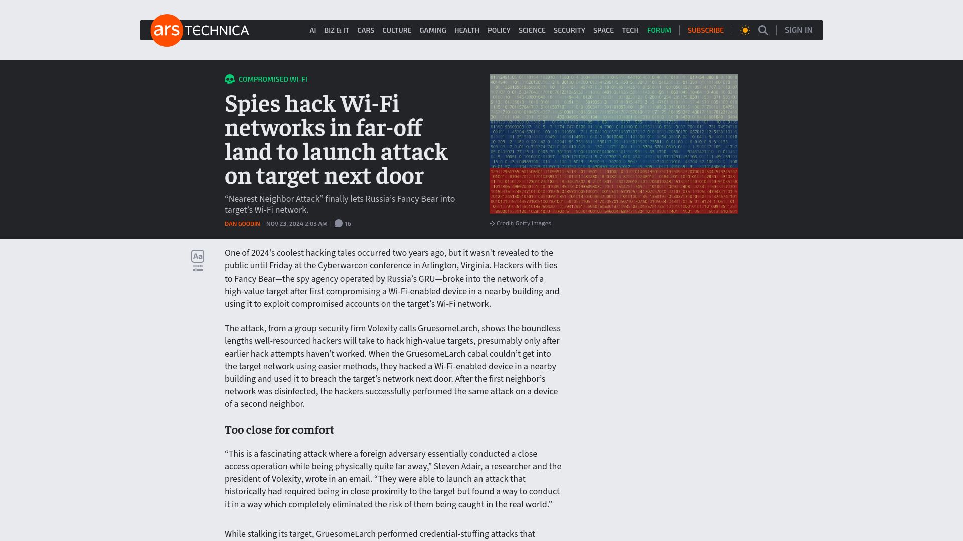 Screenshot of arstechnica.com: Spies hack Wi-Fi networks in far-off land to launch attack on target next door