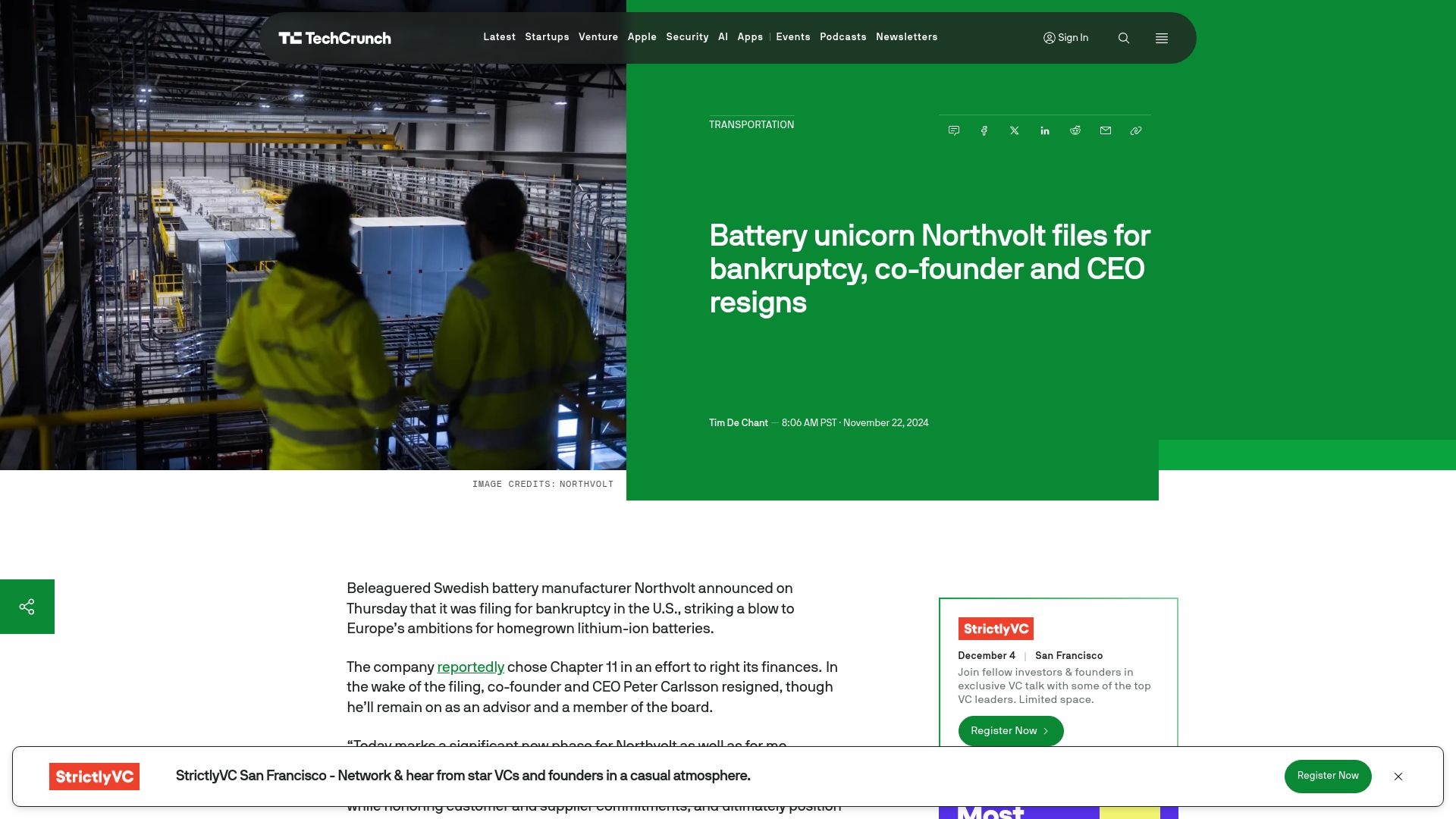 Screenshot of techcrunch.com: Battery unicorn Northvolt files for bankruptcy, co-founder and CEO resigns