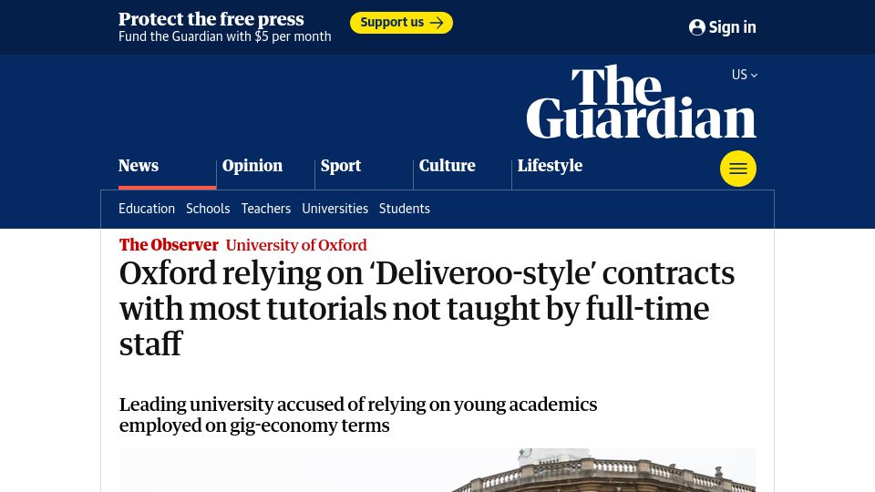 Screenshot of theguardian.com: Oxford accused of relying on young academics employed on gig-economy terms