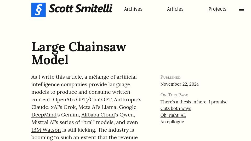 Screenshot of scottsmitelli.com: Large Chainsaw Model