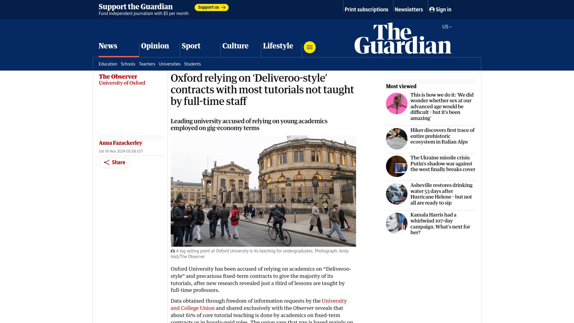 Screenshot of theguardian.com: Oxford accused of relying on young academics employed on gig-economy terms
