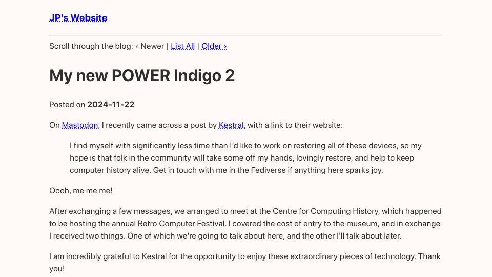Screenshot of thejpster.org.uk: My new POWER Indigo 2