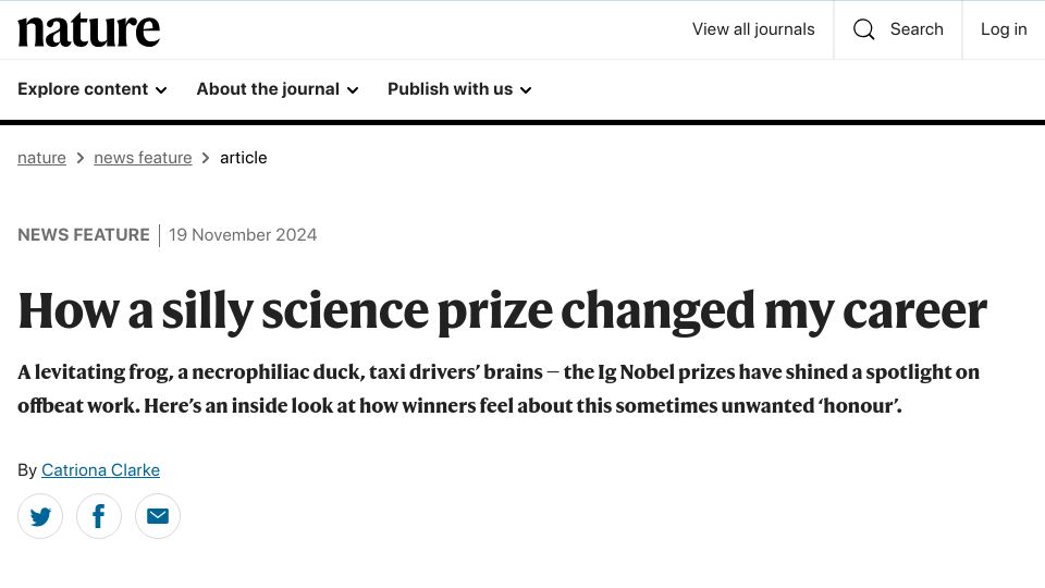 Screenshot of nature.com: A silly science prize changed my career